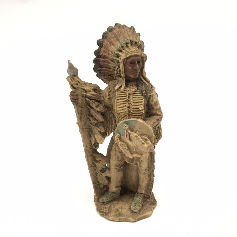 Native American Indian Chief W/full Fearther Headdress Figurine 6” Resin READ